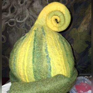 Handcrafted Wool Gnome Spiral Hat in Green and Yellow